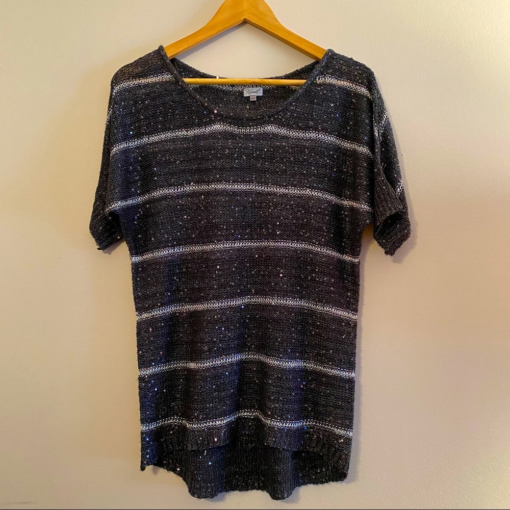 KISMET Sequined knit short sleeve top. Grey and silver stripes. Extra small.